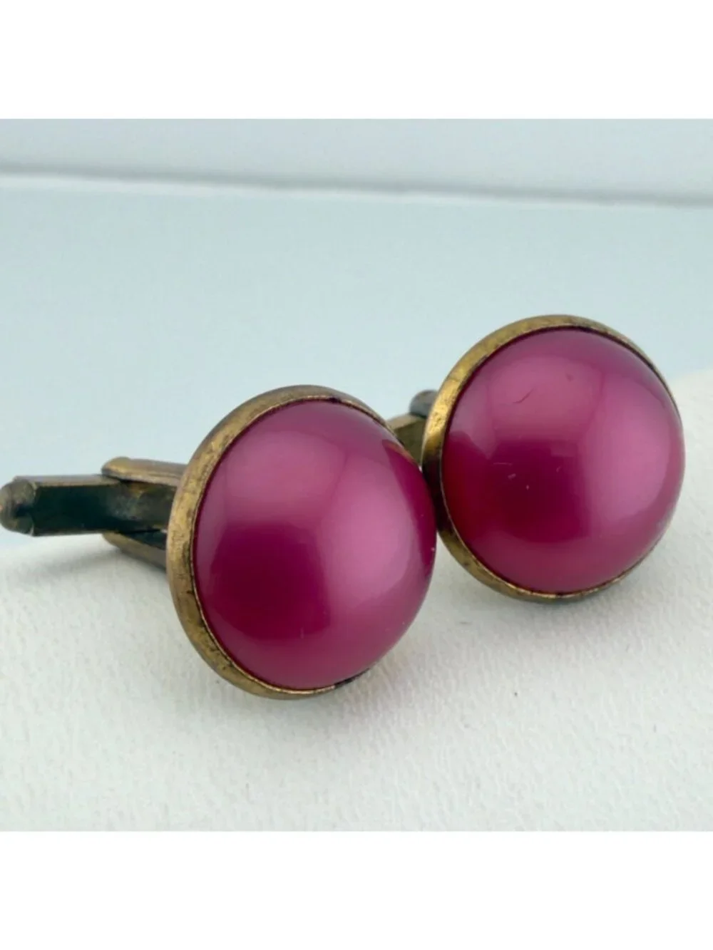 Vintage Round Cabochon Cufflinks Set of 2 Green Pink Mid Century
